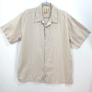 WNW Wayan Button Down Shirt Linen Blend Guayabera Resort Embroidered Beige XL
